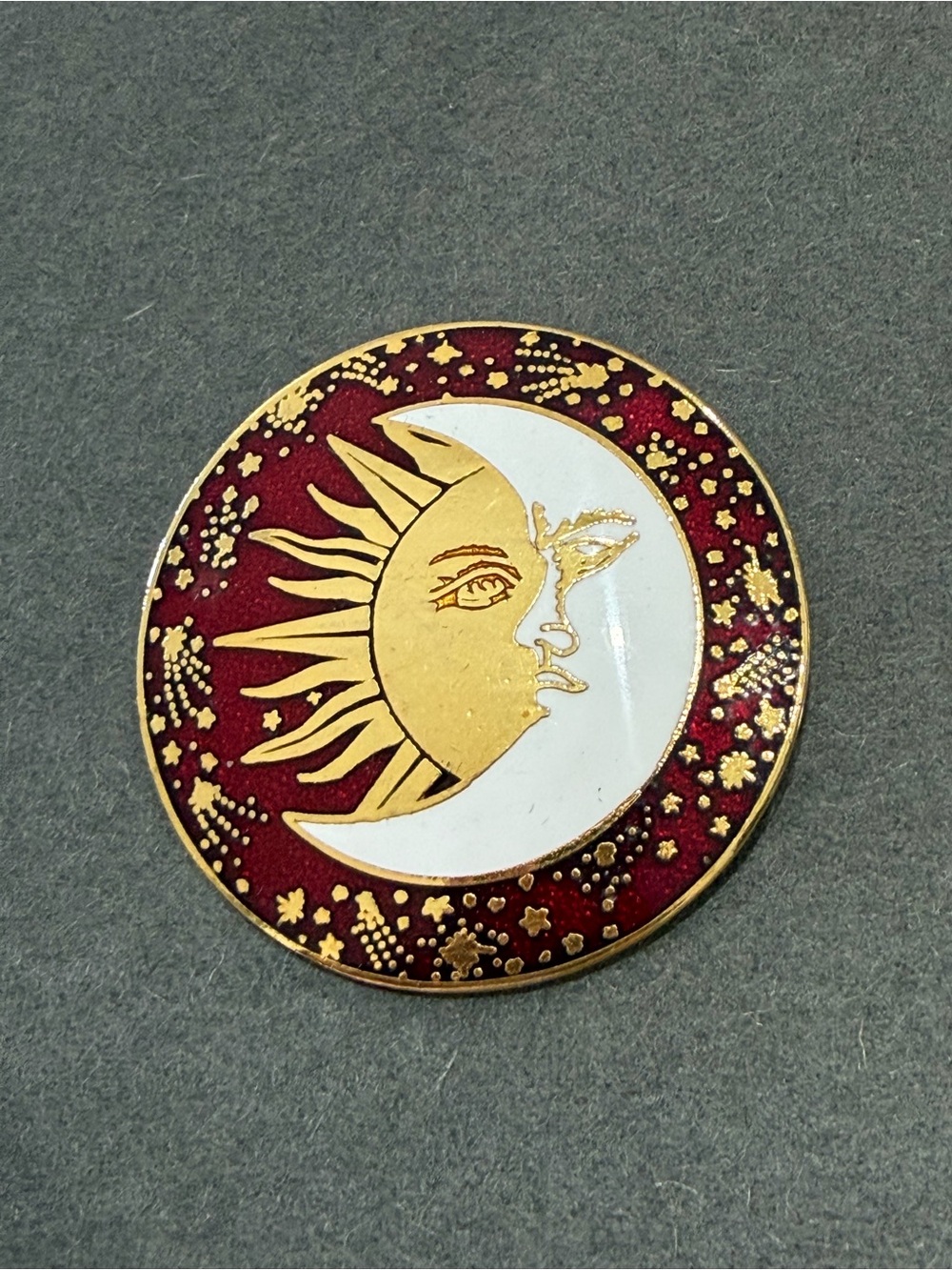 Sun and Moon Cloisonne Pin - Gold, White & Red 1 1/2” like new